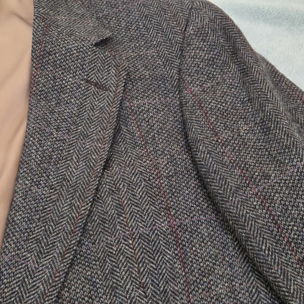 VTG Tweed Jacket L Grey Herringbone 100% Wool Blazer 44R Made in USA Sport Coat